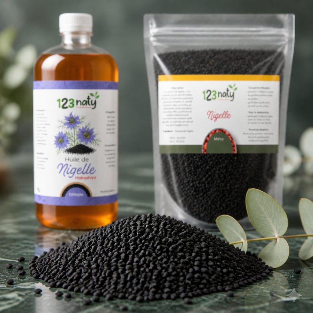 Pack 1L Huile de nigelle d'Ethiopie - Habachiya & 1kg Graine de Nigelle en Poudre | 123NATY — Texture en gros plan
