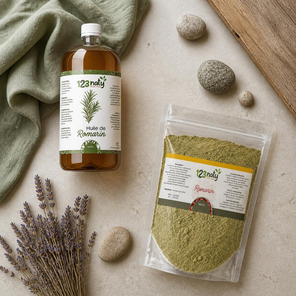 Pack 1L Huile de Romarin & 1kg Romarin Poudre | 123NATY — Ambiance flat lay