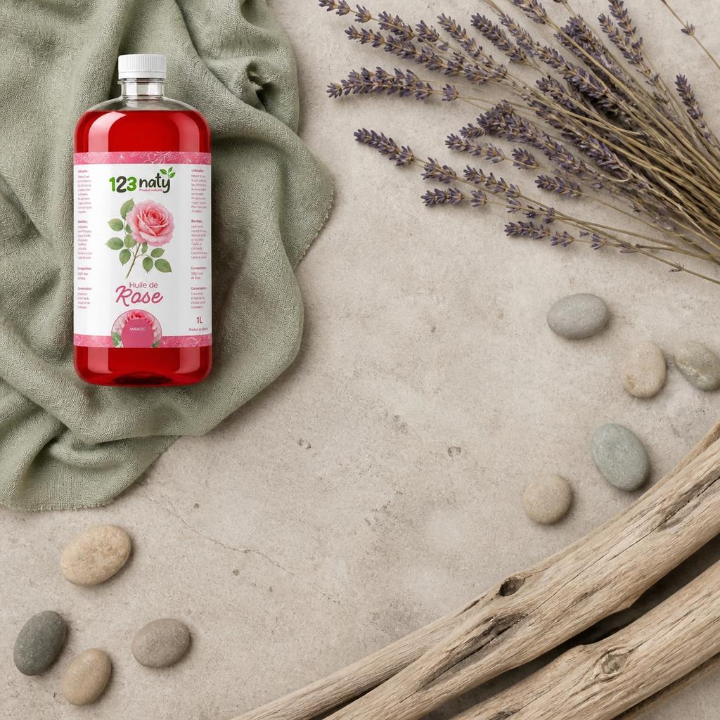Pack 1L Huile de Rose & 1kg Bouton de Rose Séchée | 123NATY — Ambiance flat lay