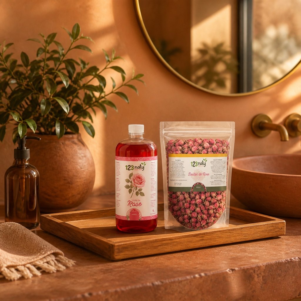 Pack 1L Huile de Rose & 1kg Bouton de Rose Séchée | 123NATY — Mise en scène d'usage