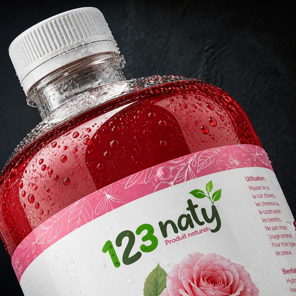Pack 1L Huile de Rose & 1kg Bouton de Rose Séchée | 123NATY — Détail macro du flacon