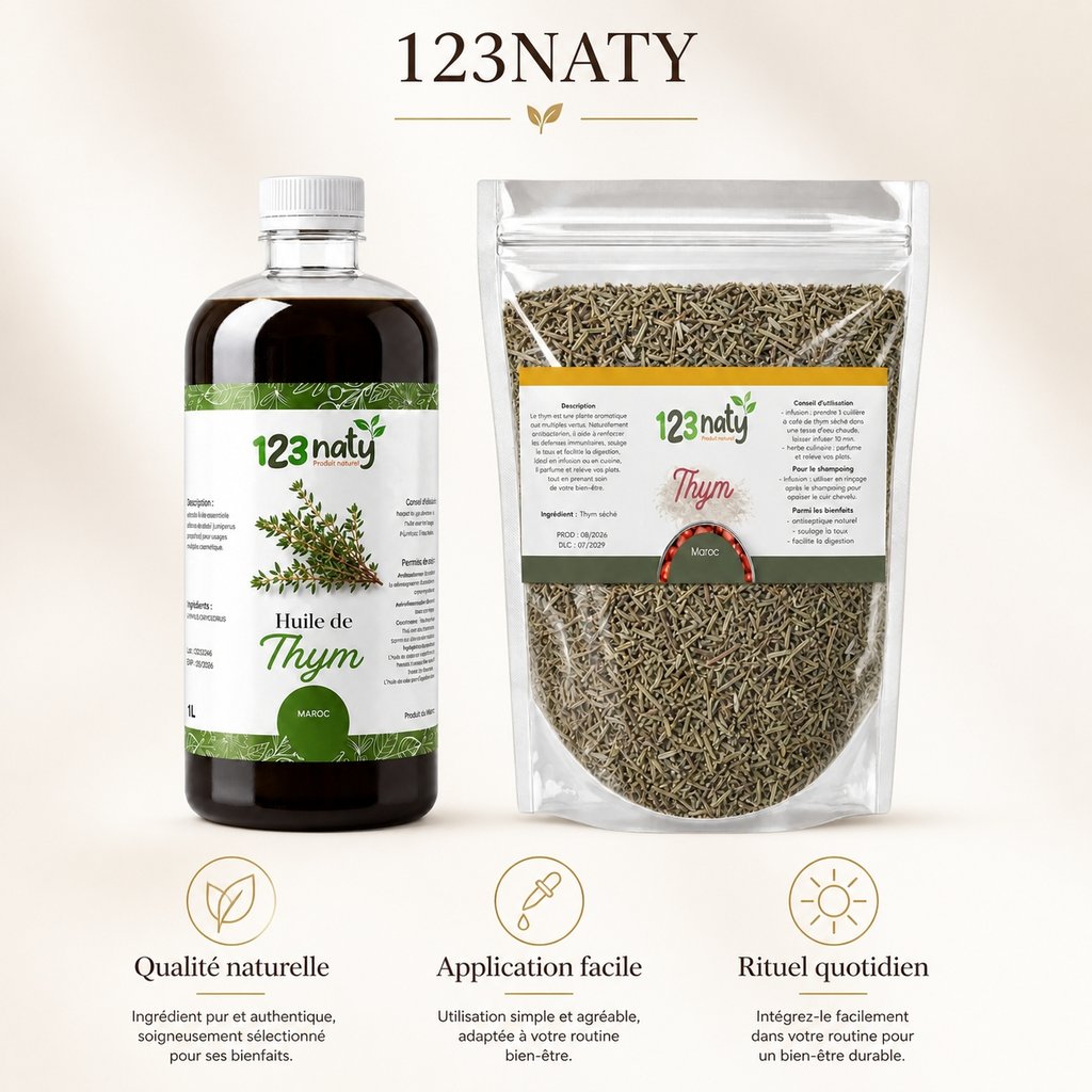 Pack 1L Huile de Thym & 1kg Thym Séchée | 123NATY — Infographie bénéfices clés