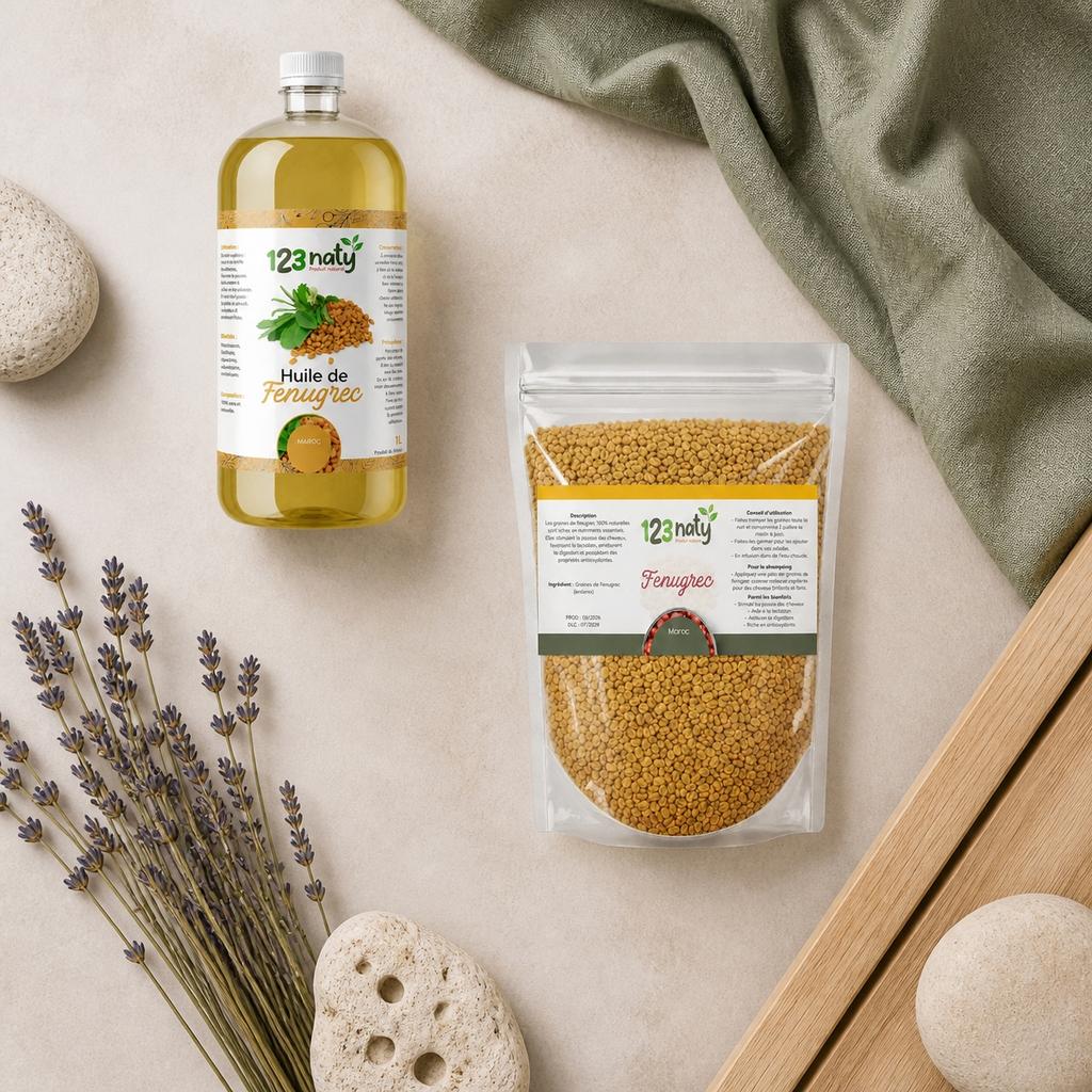 Pack 1L Huile de Fenugrec & 1kg Graine de Fenugrec | 123NATY — Ambiance flat lay