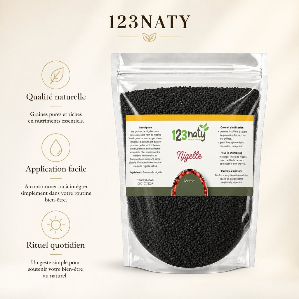 Pack 1Kg Graine de Nigelle d'Arabie & 1kg Graine de Nigelle en Poudre | 123NATY — Infographie bénéfices clés