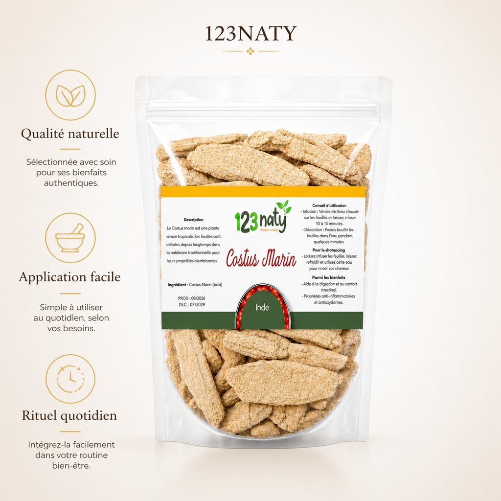 Pack 1kg Costus Marin Brut & 1kg Costus Marin en Poudre | 123NATY — Infographie bénéfices clés