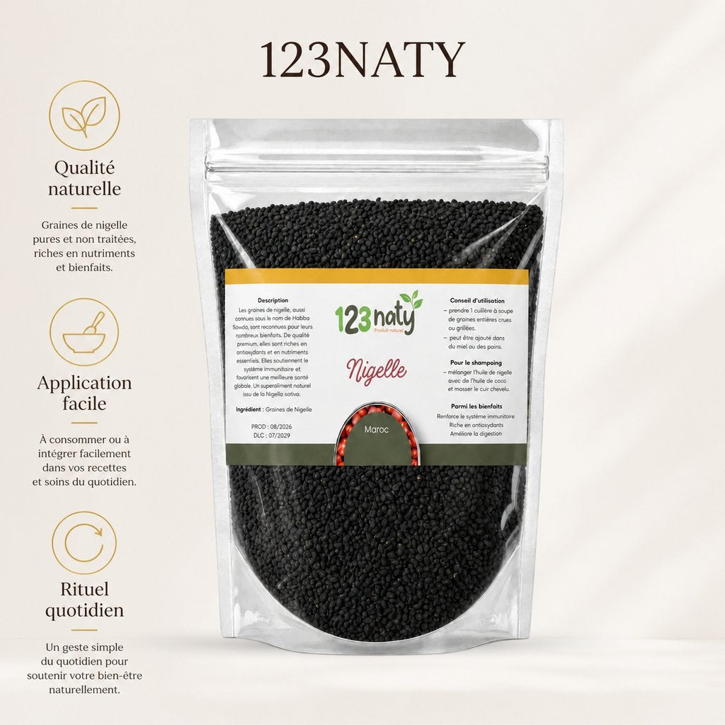 Pack 1kg Graine de Nigelle en Poudre & 1kg Graine de Nigelle | 123NATY — Infographie bénéfices clés