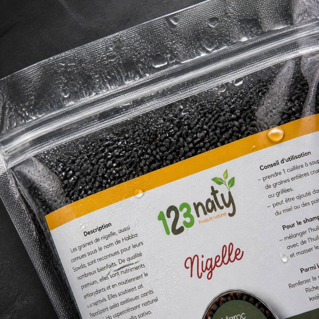 Pack 1Kg Graine de Nigelle d'Arabie & 1kg Graine de Nigelle en Poudre | 123NATY — Détail macro du flacon