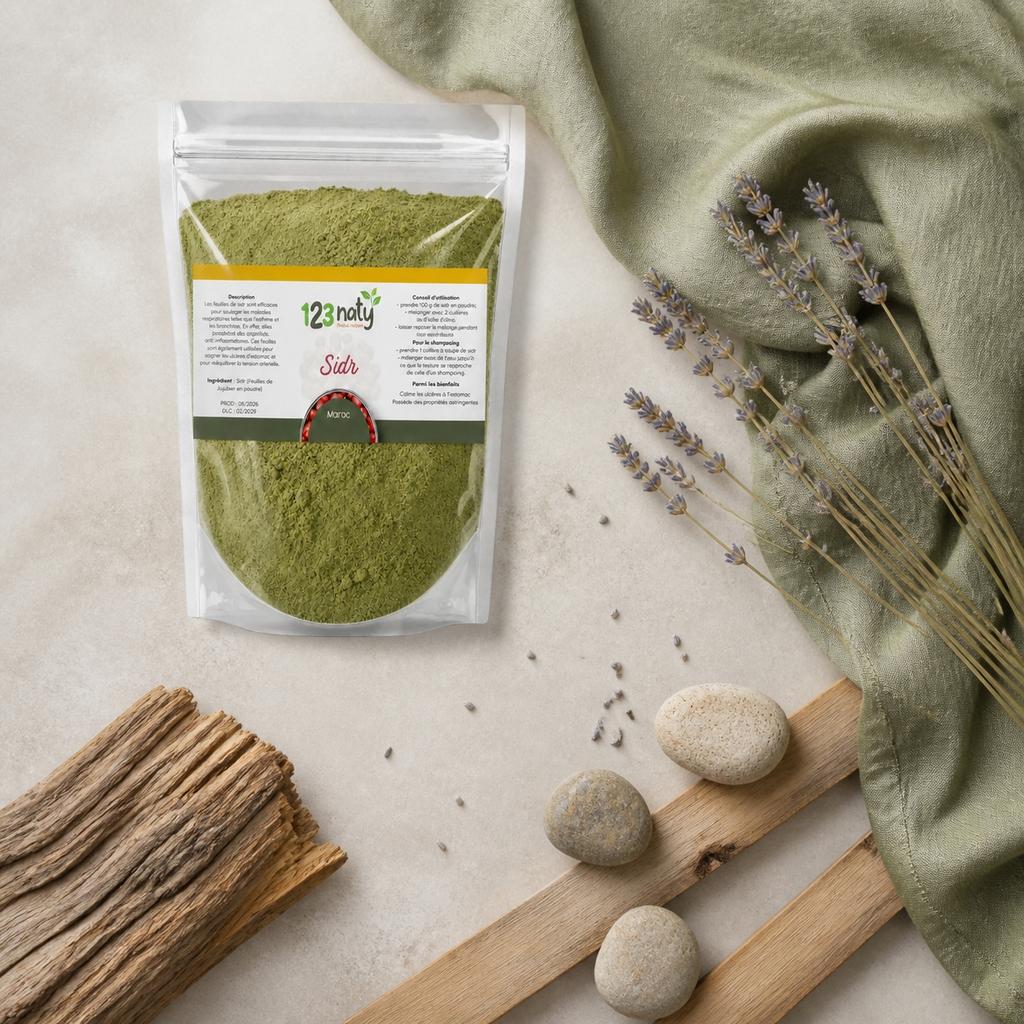 Sidr (Feuilles de Jujubier) en Poudre 1kg – 100% Naturelle, Sans Additifs | 123NATY — Ambiance flat lay