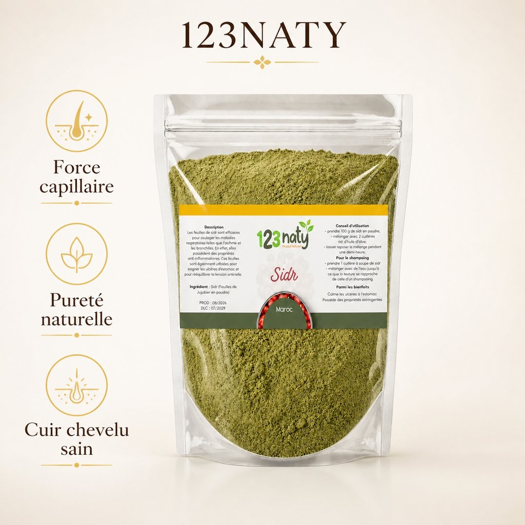 Sidr (Feuilles de Jujubier) en Poudre 1kg – 100% Naturelle, Sans Additifs | 123NATY — Infographie bénéfices clés