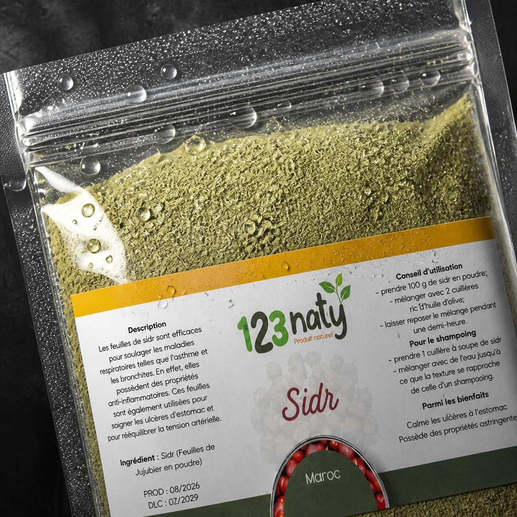 Sidr (Feuilles de Jujubier) en Poudre 1kg – 100% Naturelle, Sans Additifs | 123NATY — Détail macro du flacon